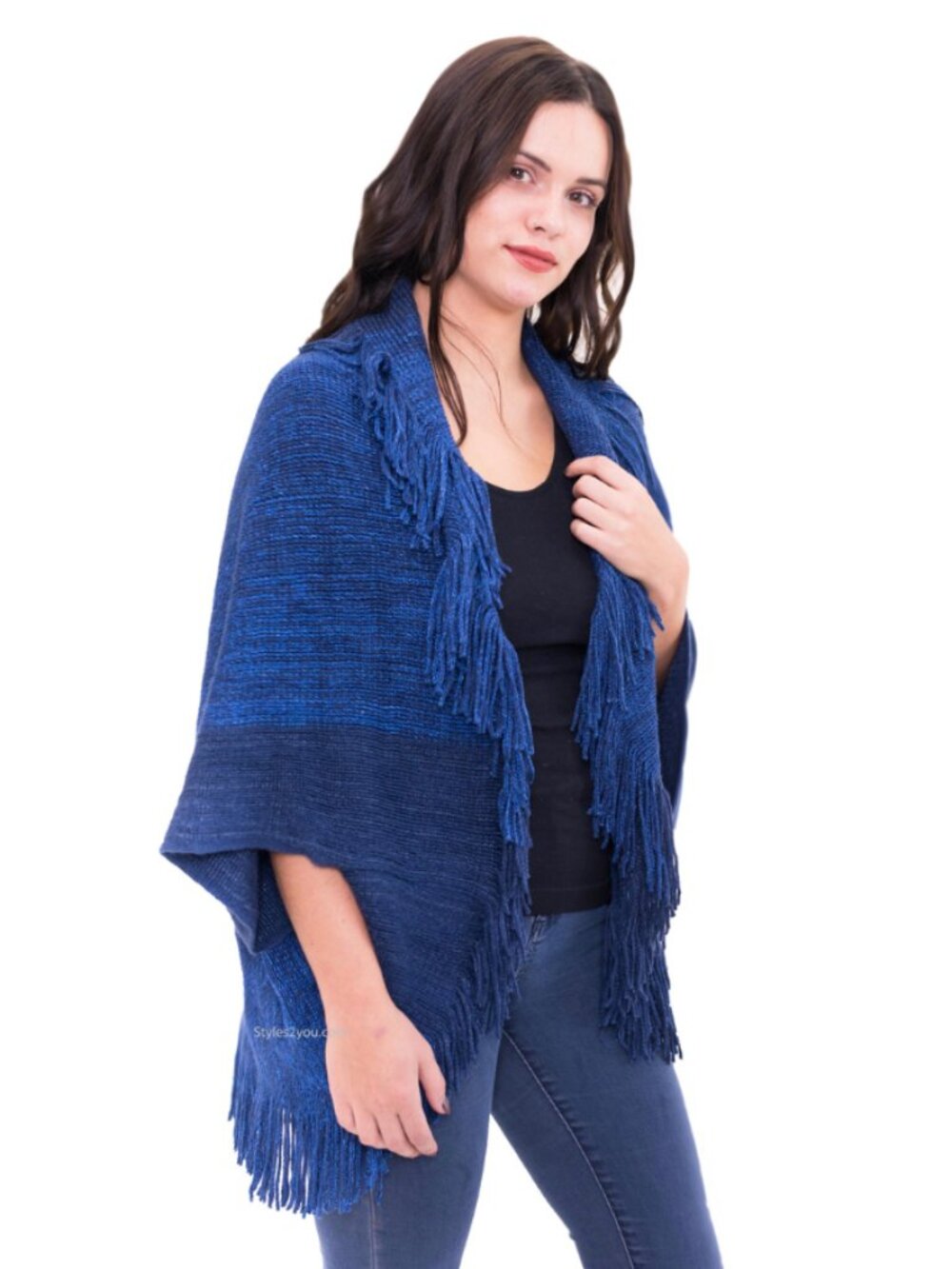 NWT PRETTY ANGEL Mcallen Short Sleeve Sweater Wrap With Fringe In Blue